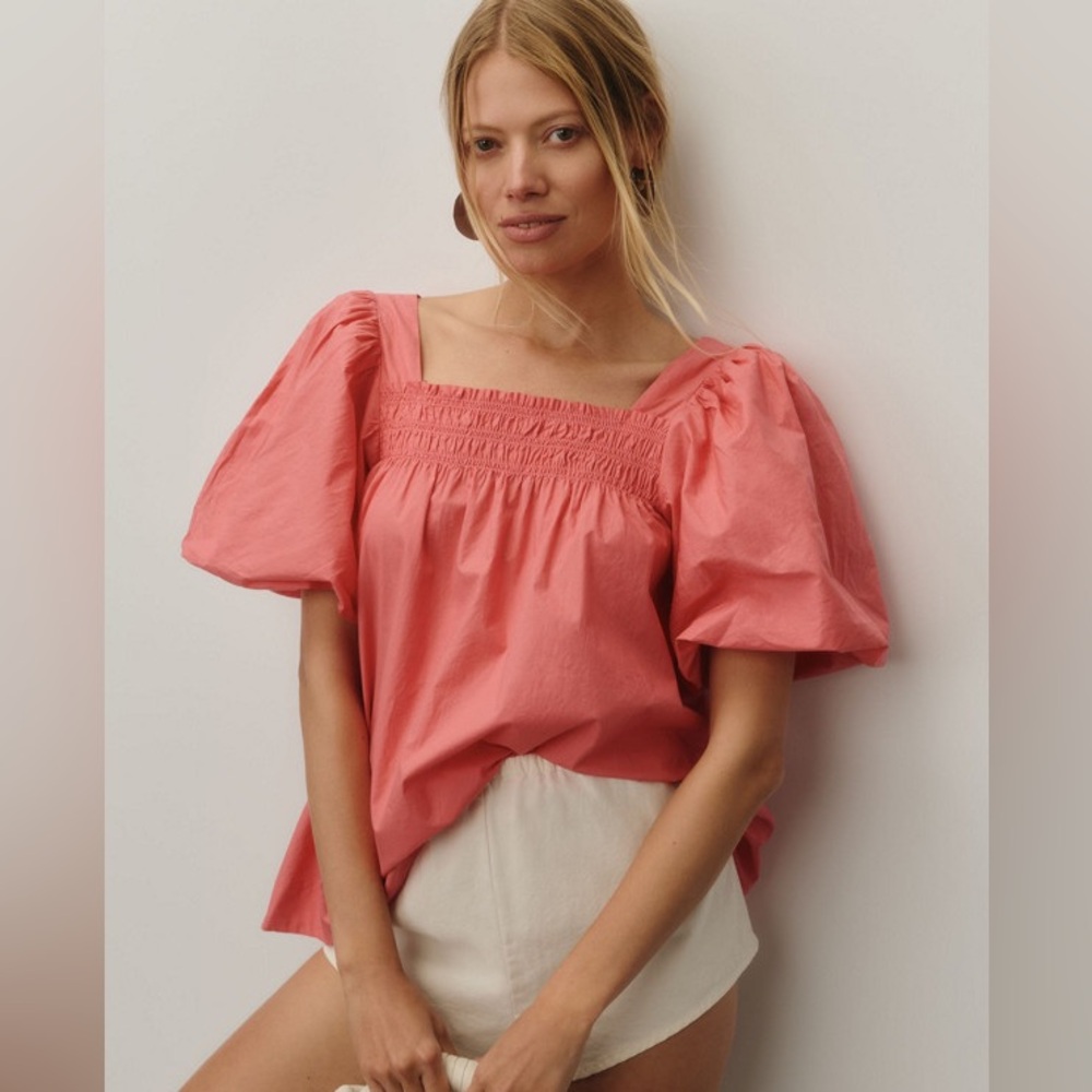 Maeve Woman Within Pink (Cora Puff-Sleeve Smocked Square-Neck Top